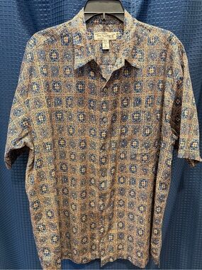 Tori Richard Blue and Brown Geometric Short-Sleeve Button-Up Shirt